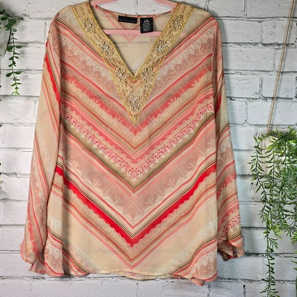 APOSTROPHE SEMI SHEER TUNIC VNECK WITH BEADS LONG SLEEVE WOMENS SIZE LARGE - Picture 1 of 7
